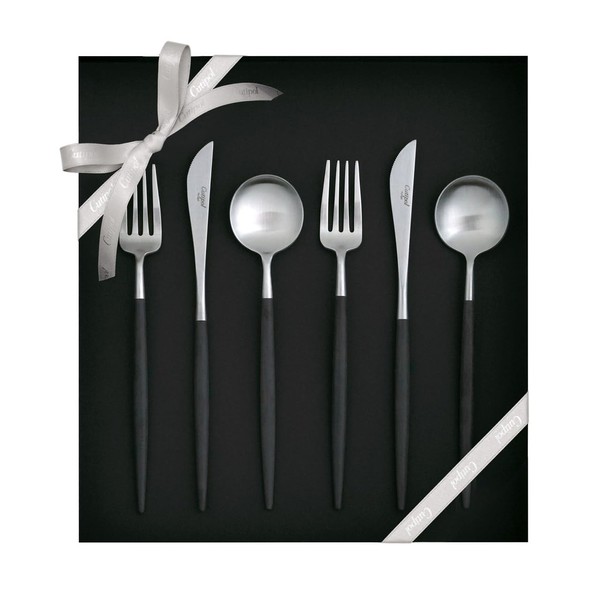 Authentic Cutipol GOA Black / Matte Silver Dessert 6 Piece Gift Set in Presentation Box with Genuine Ribbon Hanger (2 Each Knife/Fork/Spoon)