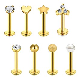 FECTAS 8pcs Gold Lip Bars 8mm Labret Studs Stainless Steel 16G Monroe Medusa Helix Piercing Bar Jewellery