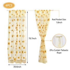 BIGEBO 2PCS Sunflower Curtains Yellow Sheer Window Curtains with 2 Curtain Tiebacks Rope for Bedroom Living Room Kitchen Decor, Rod Pocket Window Treatments W39 x L79