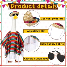 Mepase 3 Pcs Mexican Porch Goose Outfit Cinco De Mayo Goose Costume Set Sombrero Sunglasses Clothes for 23'' Mexican Outdoor Lawn Yard Garden Patio Statue Accessories Party Decoration