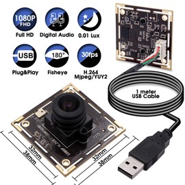 Svpro Full HD USB Camera Module 1080P 30pfs H.264 Low Light Camera Board with Dual Microphone, 180 Degree Fisheye Industrial Video Camera for Raspberry, Windows, Mac, Linux, Android