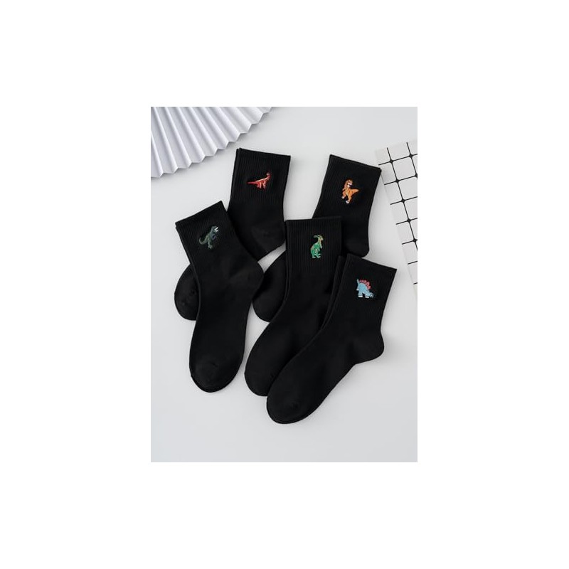 WDIRARA Men's 5 Pairs Dinosaur Embroidered Crew Socks Casual Cartoon