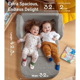 2-in-1 Sherpa Fold Out Kids Couch, Extra Wide Comfy Toddler Chair, Convertible Kids Sofa to Lounger, Foldable Toddler Couch with High Density Foam, Modern Kids Sofa Bed for Boys & Girls 3+, Gray