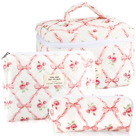 URSKYTOUS 2Pcs Quilted Makeup Bag for Women Floral Extra Large Small Travel Cosmetic Bag Big Cute Makeup Pouch Portable Toiletry Bag Organizer Coquette Vintage Puffy, MN 3PCS Pink Bow