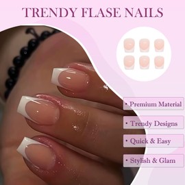 Short Square Press On Nails French Tips – 24 PCS Nude Pink & Classic White Full-Cover Fake Nails, 12 Sizes, Reusable Acrylic Glue-On for Women & DIY Art