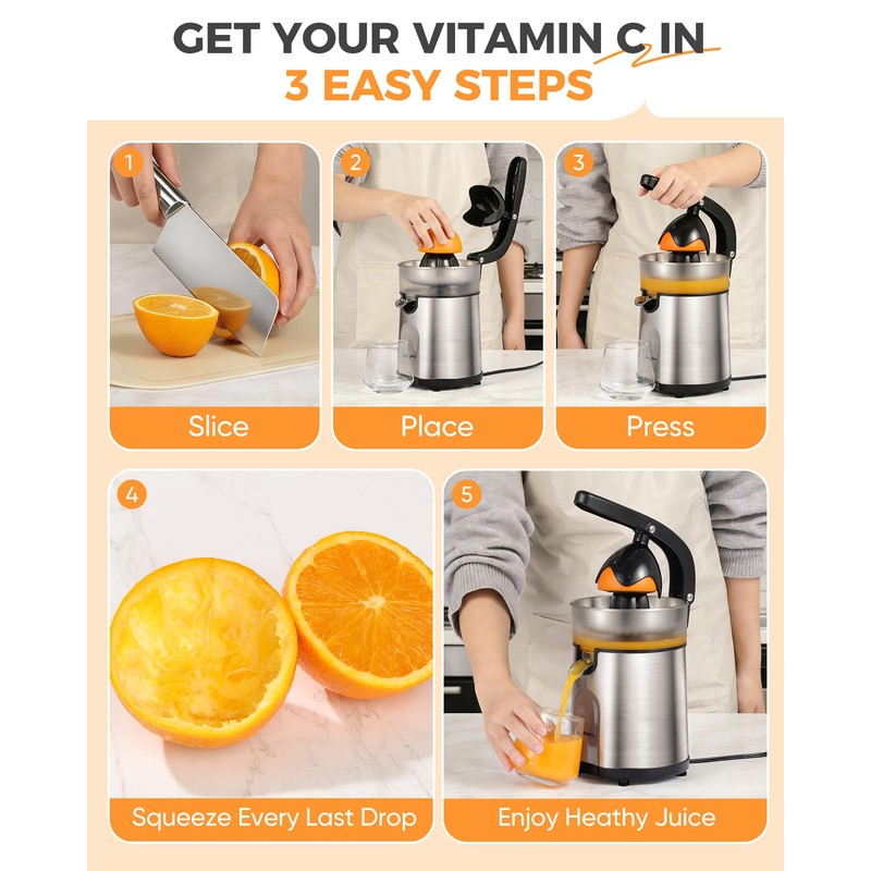 Amzpass Electric Orange Juicer, Citrus Juicer Squeezer with 2 Interchangeable