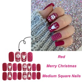 Press On Nails Short Square False Nails Wine Red with Pink Line Designs White Reindeer Heart Winter Matte Full Cover Glue on Nails 24 Pcs for Women Girls