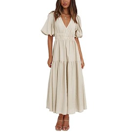 Lucrosun Women's Summer V Neck Short Puff Sleeve A Line Tiered Midi Dress (Apricot-M)