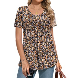 MUSE SHOW Women's 2025 Summer Tops Short Sleeve Tunic Shirts Casual Comfy Blouse Black Orange Flower 2XL