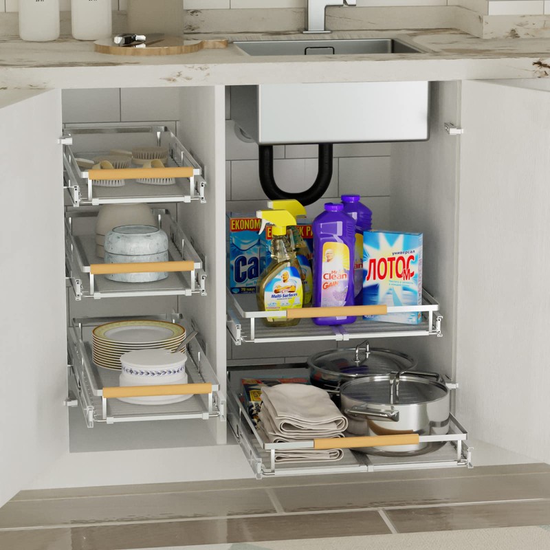 SANNO Expandable Slide Out Shelf Organizer, Pull Out Cabinet Shelves