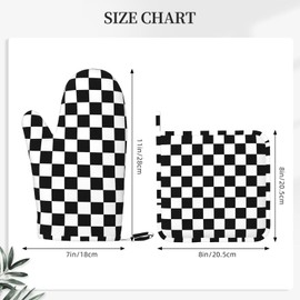 Black White Checkered Oven Mitts and Pot Holders Sets of 4, Heat Resistant Silicone Oven Mittens and Potholders Gloves Hot Pads for Kitchen Cooking Baking Grilling BBQ Chef