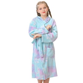 V.&GRIN Girls Fleece Robes, Hooded Plush Soft Fuzzy Warm Fluffy Bathrobe for Kids 3-14 Years（Candy 9-10）