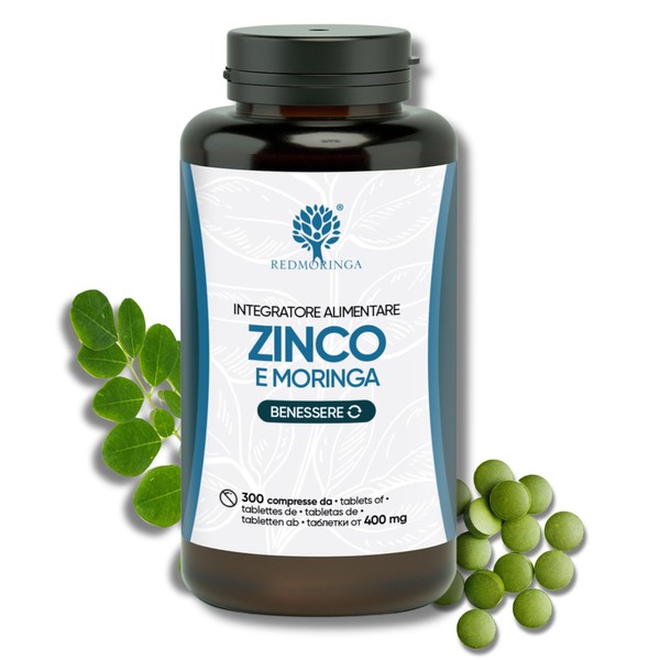 Zinc Supplement and Moringa Bio | 300 Zinc Tablets 15mg Vegan | Useful for Acne, Immune System, Hair, Nails and Bones | Made in Italy by RedMoringa®