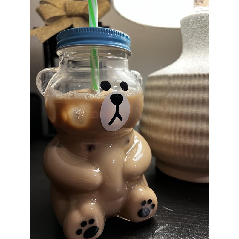 Kawaii Bear Sippy Cup 19oz, Clear Bear Glass Cup with
