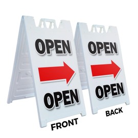 A-Frame Sidewalk Giant Open with Arrow 24" x 36" Double Sided A-Frame Sidewalk Sign, Includes 2 Installed Vinyl Decals | Foldable Portable White Signicade Sandwich Board Signs