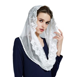 BEAUTELICATE Mantilla Catholic Women's Veil Lace Scarf Stole Headscarf Black White for Wedding Fair Church Chapel Bridal Veil V111, White
