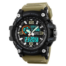 Men's Military Watch Sports Outdoor Waterproof Digital Watches with Date Multi Function Tactics LED Alarm Stopwatch Analog Watches 1283 Khaki