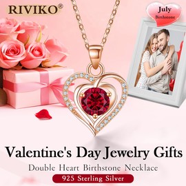 RIVIKO Heart Birthstone Pendant Necklace for Women 925 Sterling Silver Zirconia Rose Gold Plated July Necklaces Christmas Valentine's Day Mothers Day Jewelry Gifts For Her Mother Wife