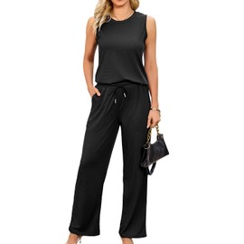 difficort 2 Piece Sets for Women Summer Outfits Sleeveless Top Long Pants Matching Lounge Set, Black, Medium