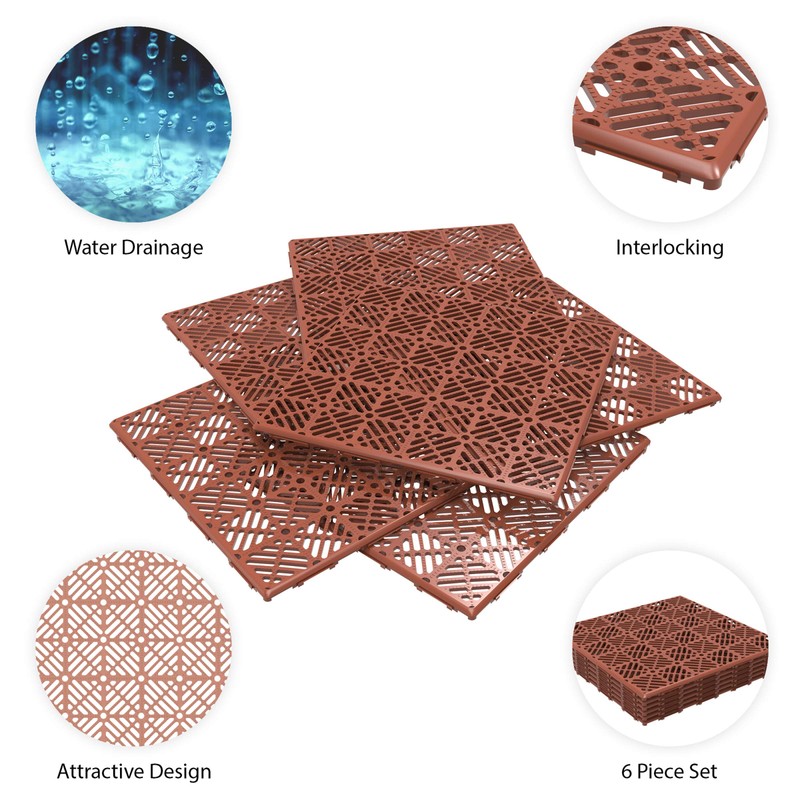 Pure Garden Deck Tiles - 6-Pack Pavers - Polypropylene Interlocking