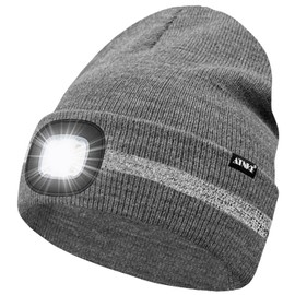 ATNKE LED Lighted Beanie Hat,USB Rechargeable 4 LED Run Headlamp with Reflective Stripe Cap Light Gift for Men and Women/#Grey