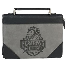 Christian Art Gifts Classic Premium Vegan Leather Inspirational Bible Cover for Men & Women: Be Strong Encouraging Scripture, Heat-Debossed Lion Design, Sturdy Pen Loops, Pockets, Black & Gray, Large