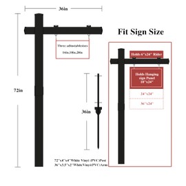 Qikdesign Vinyl PVC Real Estate Sign Post 6' Tall (Connected type), Black Realtor Yard Sign Post with Flat Cap for Open House, 36" Arm Holds Up to 24" Sign