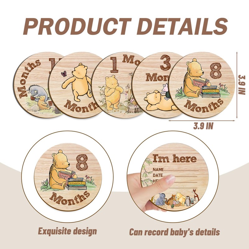 Hatzelou 7Pcs Baby Monthly Milestone Circles, Winnie Baby Stuff, Double-Sided