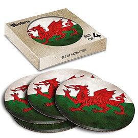 4 x Round Coasters - Distressed Wales Welsh Dragon Flag Cork Backed MDF Glossy Tea Coffee Accessory #56016