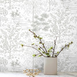 Timeet Peel and Stick Wallpaper White and Gray Wallpaper Removable Self Adhesive Wallpaper Tree Contact Paper Boho Wallpaper for Bedroom Bathroom Walls Covering Vinyl Roll 16.14"x78.7"