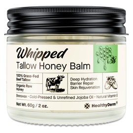 Beef Tallow Honey Balm for Skin: 100% Grass Fed Whipped Organic Moisturizer with Organic Raw Honey, Jojoba Oil, Vitamin E – Natural Face and Body Care for Mature, Dry or Sensitive Skin, 2oz
