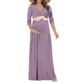 KIM S Maternity Dress Long Sleeve Photoshoot Fall Pregnancy Must Haves Christmas Winter Long Wedding Guest 2025 (Dusty Purple M)