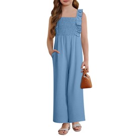 DOKOTOO KIDS Girls' Fashion Wide Leg Jumpsuit Summer Casual Square Neck Sleeveless Ruffle Trim Dressy Romper Overalls for Kids Blue 12-13 Years
