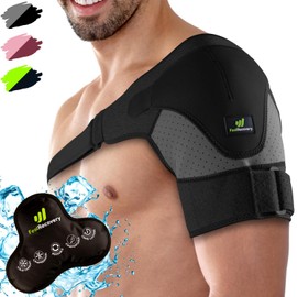 Sports Shoulder Bandage for Men & Women with Cooling Pads Gel Cold Heat Therapy - Support of Rotator Cuff - Neoprene Adjustable Shoulder Bandage Left & Right Arm (L/XL, Black)