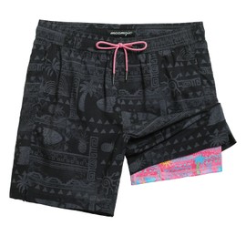 maamgic Mens Swim Trunks 7" Swim Shorts with Compression Liner Quick Dry Swimming Trunks Plaid Grain Bathing Suit Balck-Palm Pineapple Medium