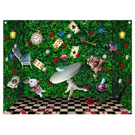 UMURILXY 7x5FT Wonderland Tea Party Backdrop, Enchanted Polyester Photography Background for Parties, Checkerboard Fairy Tale Photo Booth Prop Decorations