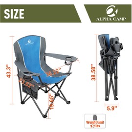 ALPHA CAMP Oversized Camping Folding Chair Heavy Duty Steel Frame Support 350 LBS Collapsible Padded Arm Chair with Cup Holder Quad Lumbar Back Chair Portable for Outdoor/Indoor