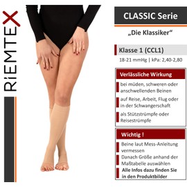 RIEMTEX Compression Stockings Class 1 CCL1 Support Stockings for Men and Women with Open Toe Black or Beige Classic Series 7110, beige
