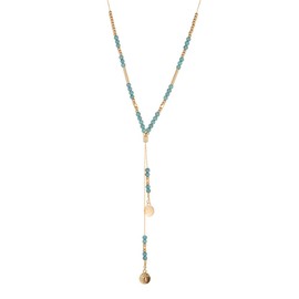 Niaspi Long Turquoise Y Lariat Pendant Necklace for Women Unisex Gold Plated Boho Layered Turquoise Bead Choker Necklace Bohemian Blue Beaded Carved Coin Dangling Adjustable Necklace Jewelry