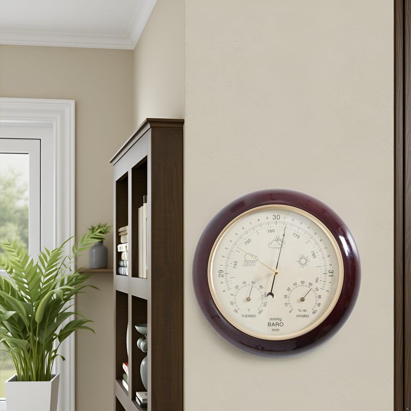 3 in 1 Cherry Round Wood Weather Station 9 Inch