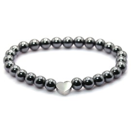 Echtes Hämatit Edelstein Armband mit 6mm Perlen und Edelstahlherz - verschiedene Längen - Heilstein Schutzstein Talisman Glücksbringer Geschenk (Hämatit, 16CM)