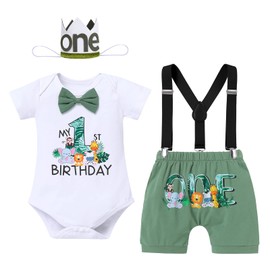 Odizli Baby Boy 1st Birthday Outfit Wild One Short Sleeve Romper + Shorts + Braces + Crown 4-Piece Clothing Set, dark green, 12 - 18 months