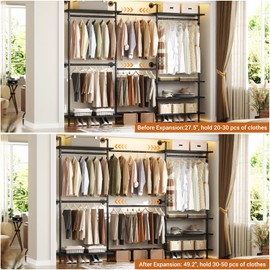 Aheaplus Garment Rack, Closet System with Wood Shelves for Hanging Clothes, Expandable Industrial Pipe Wall Mounted Clothing Rack, Adjustable Storage Wardrobe Closets Kit for Walk in Closets, Black