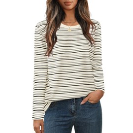 MEROKEETY Women's 2025 Long Sleeve Top Blouse Fall Casual Trendy Colourful Striped Crewneck Loose Shirts, Grey, M