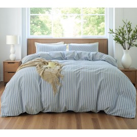 XINMIANFANG Striped Duvet Cover Set Full Size 100% Washed Cotton Linen Feel Natural Wrinkle Comfy Lightweight Bedding Set (Full, Double Stripe-Blue/White)
