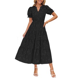 ZESICA Womens 2025 Summer Puff Short Sleeve Midi Dress Floral V Neck Textured Ruffle Flowy Beach Party Dresses,Black,Large