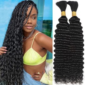 OKVOKV Human Braiding Hair for Boho Braids 110g 20 Inch Deep Water Wave Bulk Human Hair for Braiding No Weft 12A Wet and Wavy Curly Human Hair Extensions 2 Bundles/Pack Natural Color