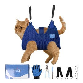 EVEAM Pet Grooming Hammock for Cats & Small Dogs – Nail Clipping Kit with Sling, Clippers, File, Glove, Straps & Carabiners – Ideal for Trimming & Ear Cleaning – [S/XS] (Blue, Small)