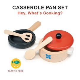 Mentari Wooden Toy Casserole Pan Set - Pretend Play Food Kitchen Cooking Pot Set For Children Ages 2+