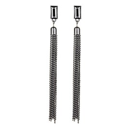 Clip On Earrings - Gunmetal Grey Plated With A Clear Stone And Chain Tassel - Dallas